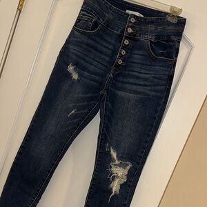 High Rise Dark Blue Distressed Jeans